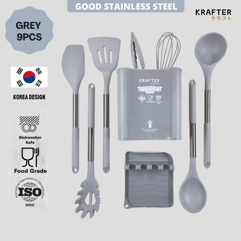(SG Stock) Krafter®  Korea 9PCS Cooking Utensils Set Non-Stick Spatula Shovel Stainless Steel Kitchenware with Storage