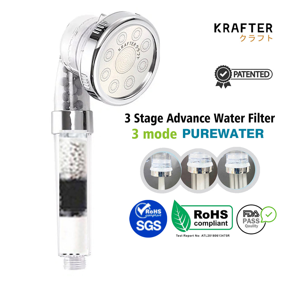 Smart Dechlorination - 3 Mode High Pressure Showerhead  With 3 Stage Patented Purifying Filter (Glacier)